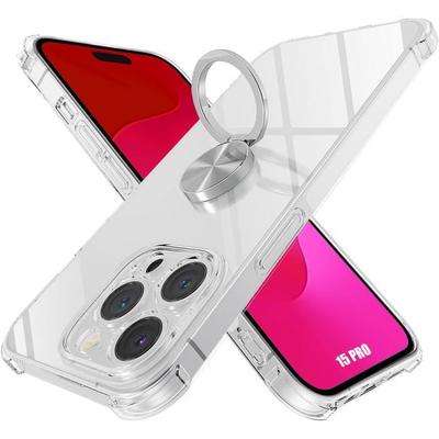 Transparent Case for iPhone 15 Pro with Silver Rotating Ring Stand