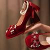 Fashion Red Wedding Shoes, Two-wear Wedding Dress, Mary Jane's Thick and High Heel Women's Shoes 2025 New Style
