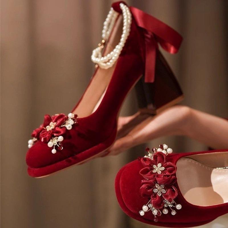 Fashion Red Wedding Shoes, Two-wear Wedding Dress, Mary Jane's Thick and High Heel Women's Shoes 2025 New Style