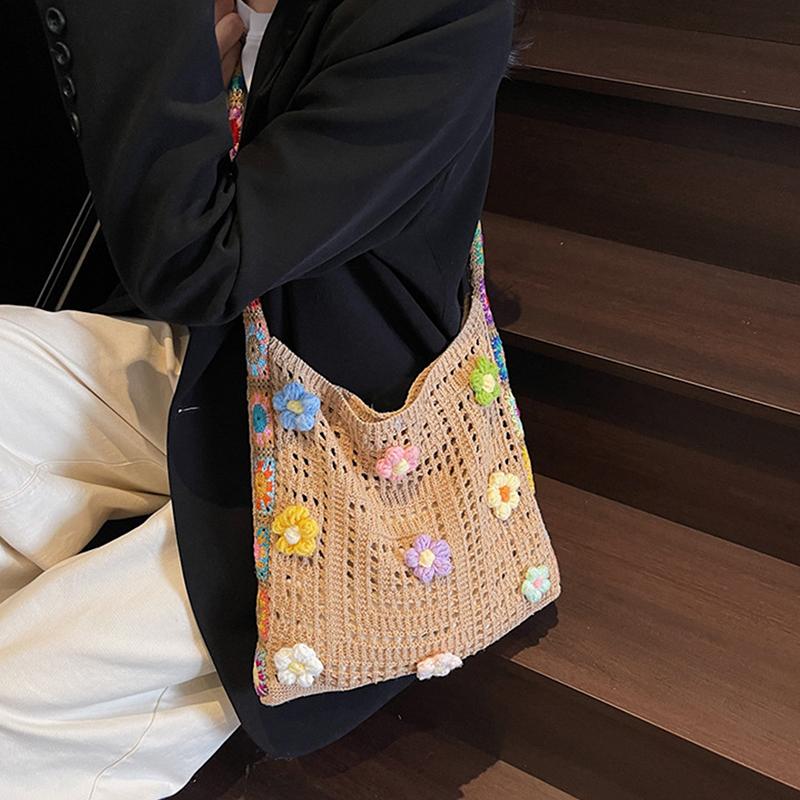 Summer Large Capacity Boho Tote Bag Floral Crochet Handbag Vintage Multicolor Cut-Out Knitted Fashionable Hollow Out Handbag