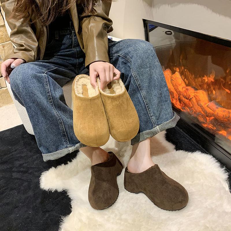 Women's Retro Lightweight and Comfortable Non-slip Heightening Winter Warm Plush Lining Non-slip Durable Casual Cotton One-step Half Slippers