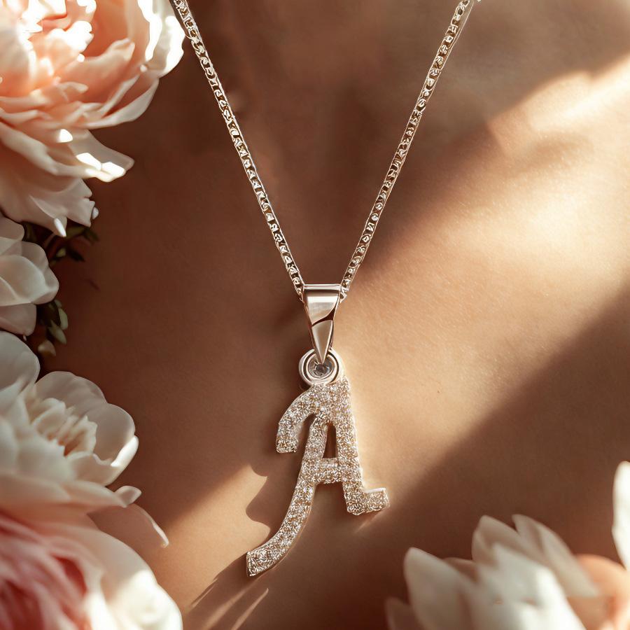 Round Cut Real Moissanite Customize A Letter Pendant 14K White Gold Plated