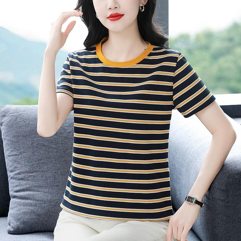 Striped Short-sleeved T-shirt Women's Round Neck Half-sleeved Shirt Summer Plus Size Loose Top
