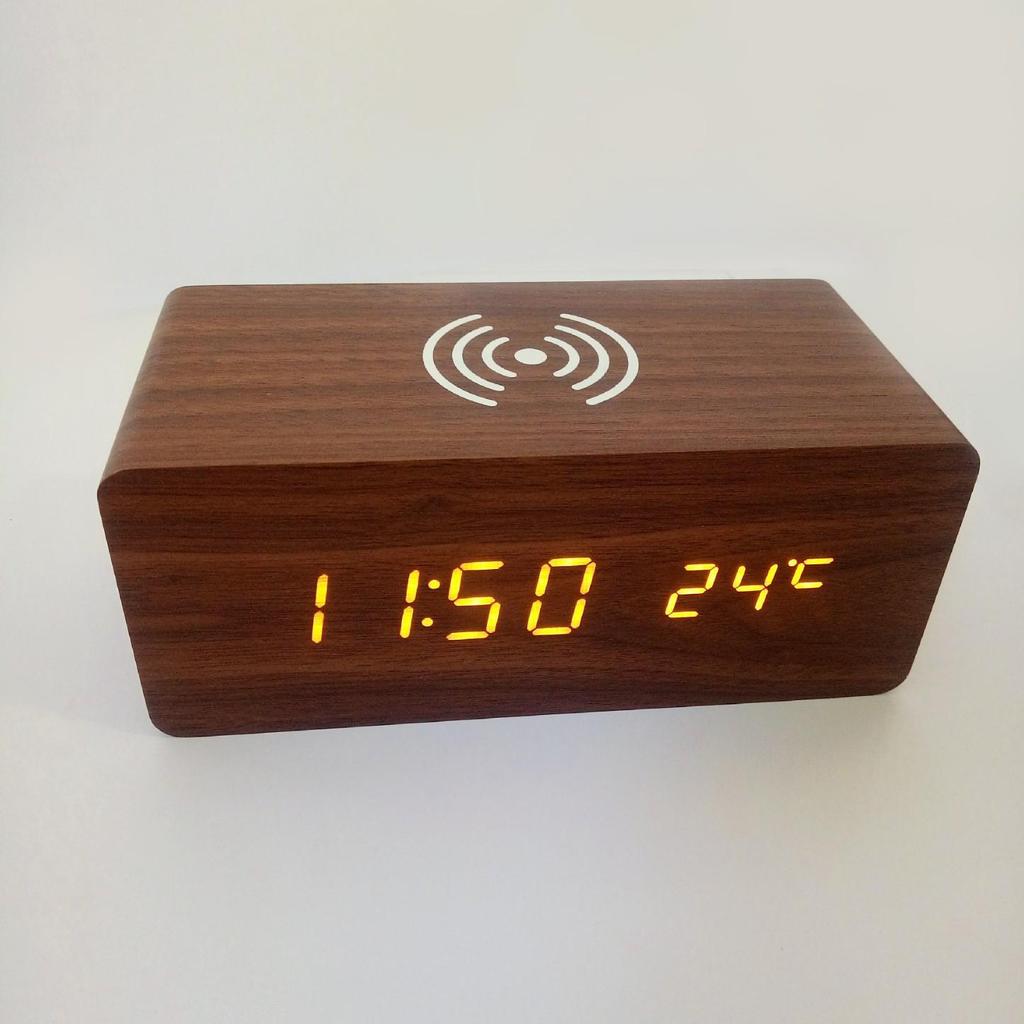 Smart LED Wooden Alarm Clock with Wireless Charging and Voice Activation
