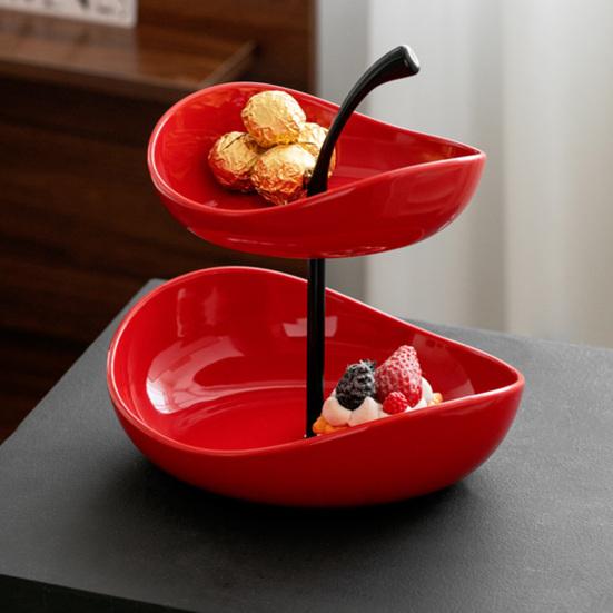 Double Layer Fruit Plate Multi-Layer Ceramic Fruit Bowl with Metal Stand Dishwasher Safe Corner Kitchen Countertop Organizer for Fruits Snacks Cakes