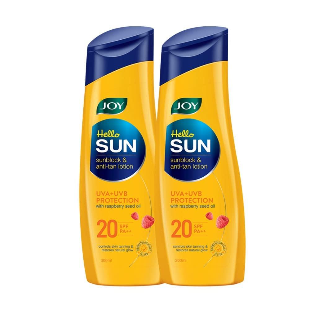 JOY Hello Sun Body Sunscreen Lotion SPF 20 PA++ 300ml Pack of 2  UVA + UVB Protection for Tan Control & Moisturized Skin