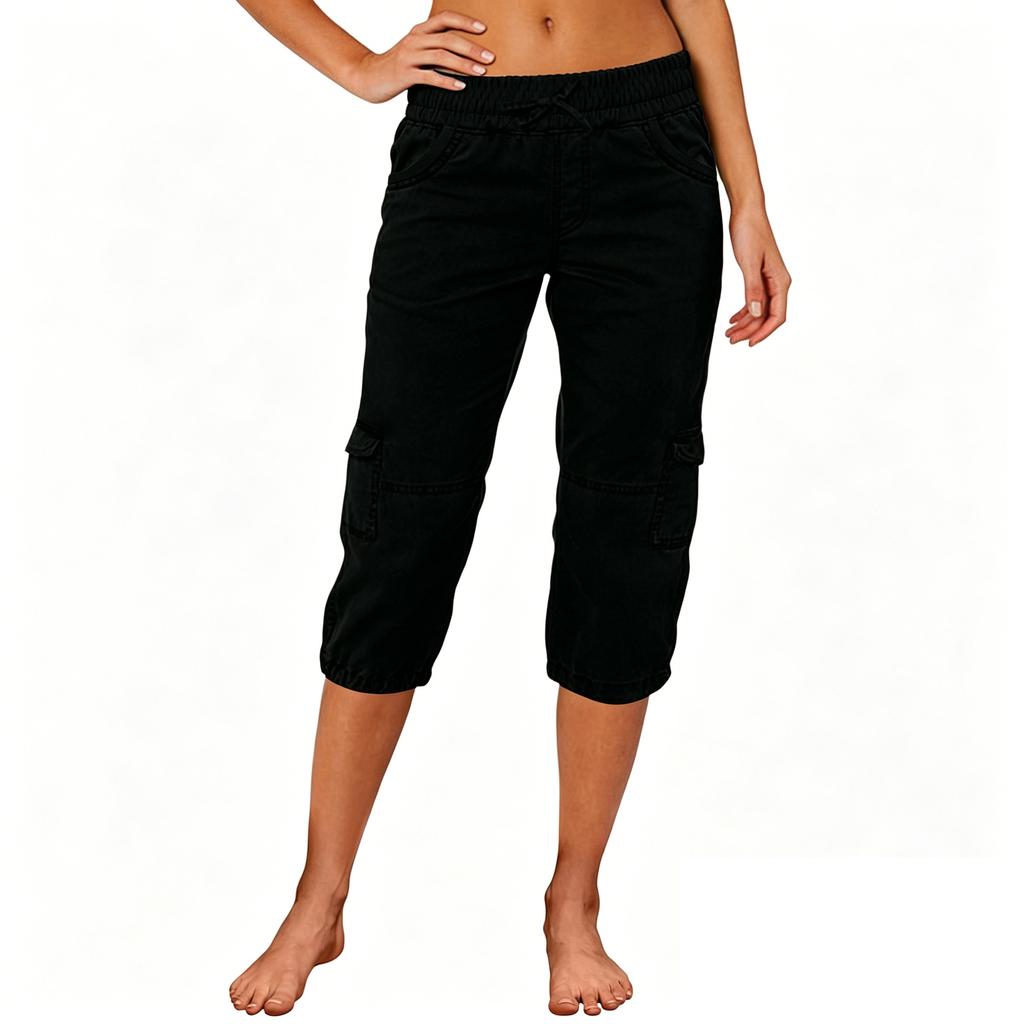 Women Capri Cargo Pants Drawstring Waist Relaxed Fit Lightweight Casual Cropped Trousers with Multiple Pockets