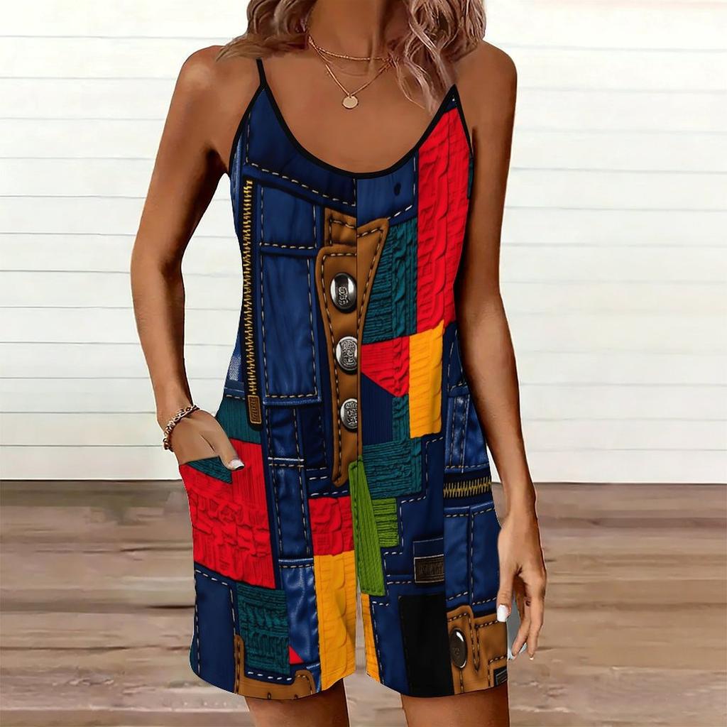 Damen ärmelloser Spaghettiträger Romper mit abstraktem Geometriedruck, Tasche, kurzer Jumpsuit