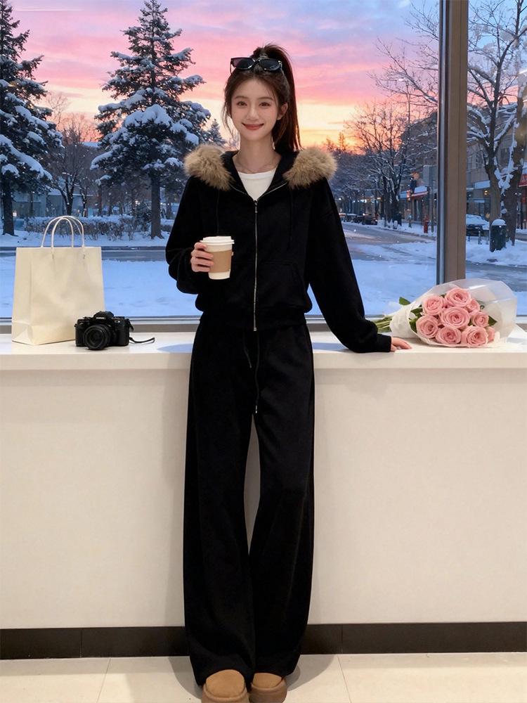 2026 Autumn Winter Women's Elegant Casual Velvet Hoodie and Pants Set