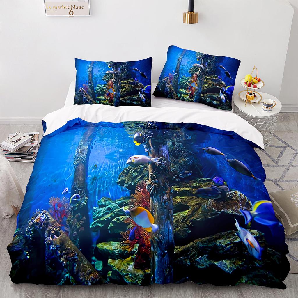 Blue Sea World Bedding Sets 3D Print  Sea Animal Dolphins Sharks And Cartoon Quilt Queen Duvet Cover Set Kids Adult Bedclothes