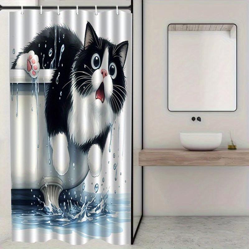 

Cute Black and White Cat Shower Curtain Cat Falling into Water Splash Humor Art Pet Lover Decor Waterproof Fabric Bath Curtain 90x180CM