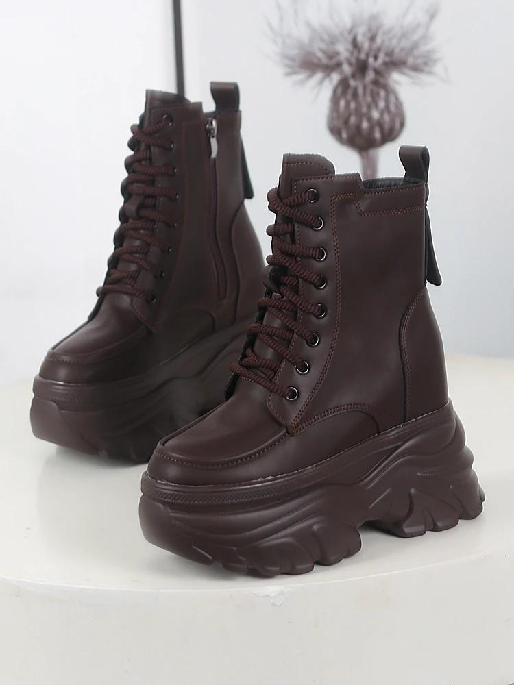 Fashion 12CM Autumn Platform Ankle Boots Women Chunky Shoes Lace-up Tennis Sneakers Woman Leather Boots Walking Shoes
