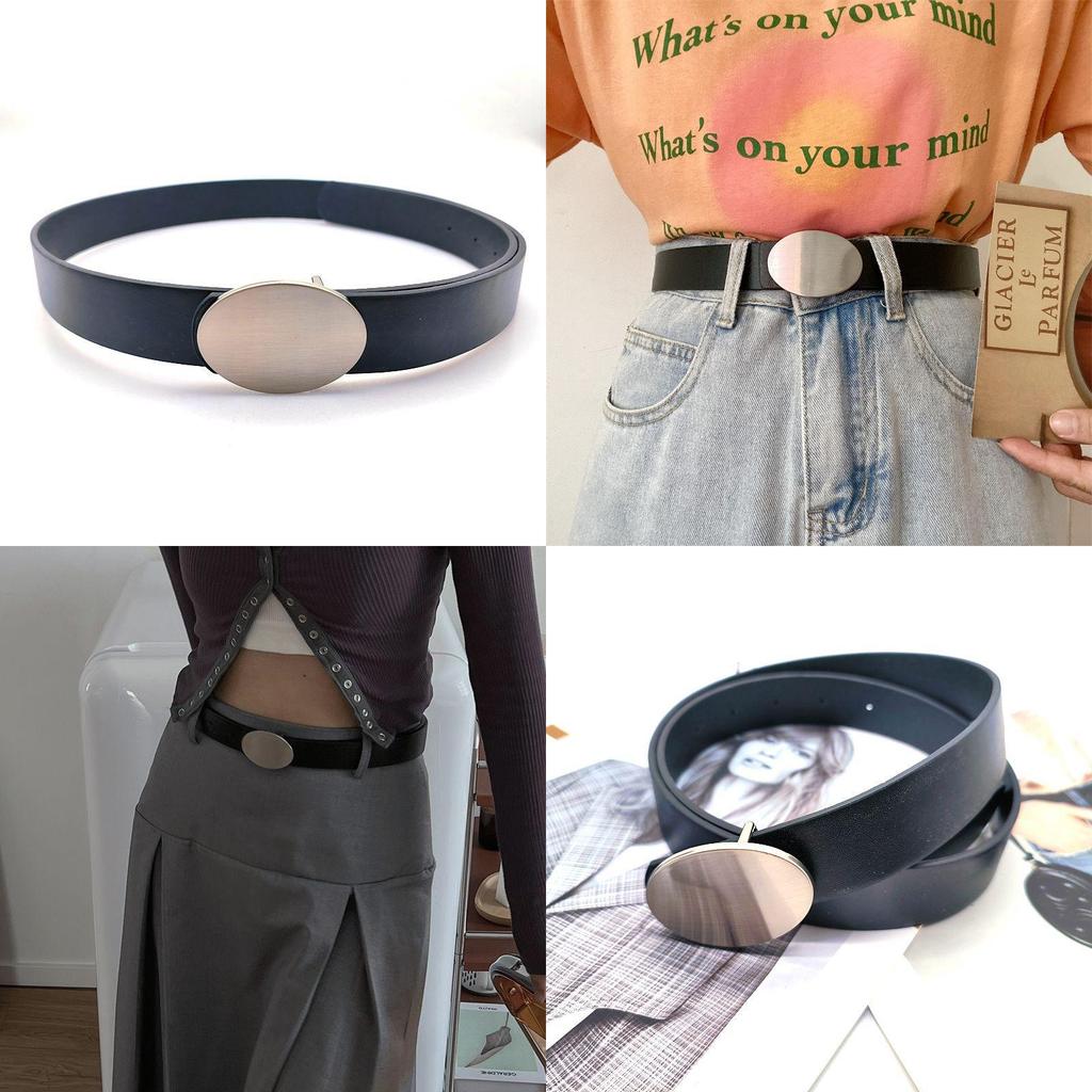 Modern Pu Womens Casual Belt With Decorative Oval Metal Mirror Buckle For Fashion Style Forward