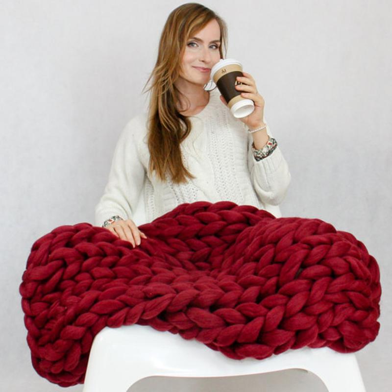 Hand Chunky Knitted Blanket Thick Yarn Merino Wool Bulky Knitting Throw Blankets Throw Carpets Soft Warm Winter Home Sofa Bed