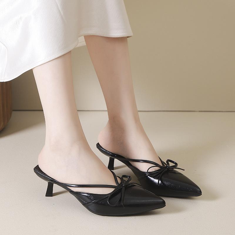 stiff heel bow bag head half slippers fairy shoes 2025 summer new French temperament large size half slippers woman