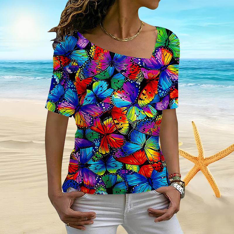 

Женская футболка с семицветным 3D-принтом бабочки и нерегулярным воротником, с короткими рукавами, женская футболка
