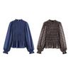 European and American Women's Clothing 1116 Spring New Product Stand-up Collar Plaid Versatile Bubble Sleeves Long-sleeved Shirt Top Women