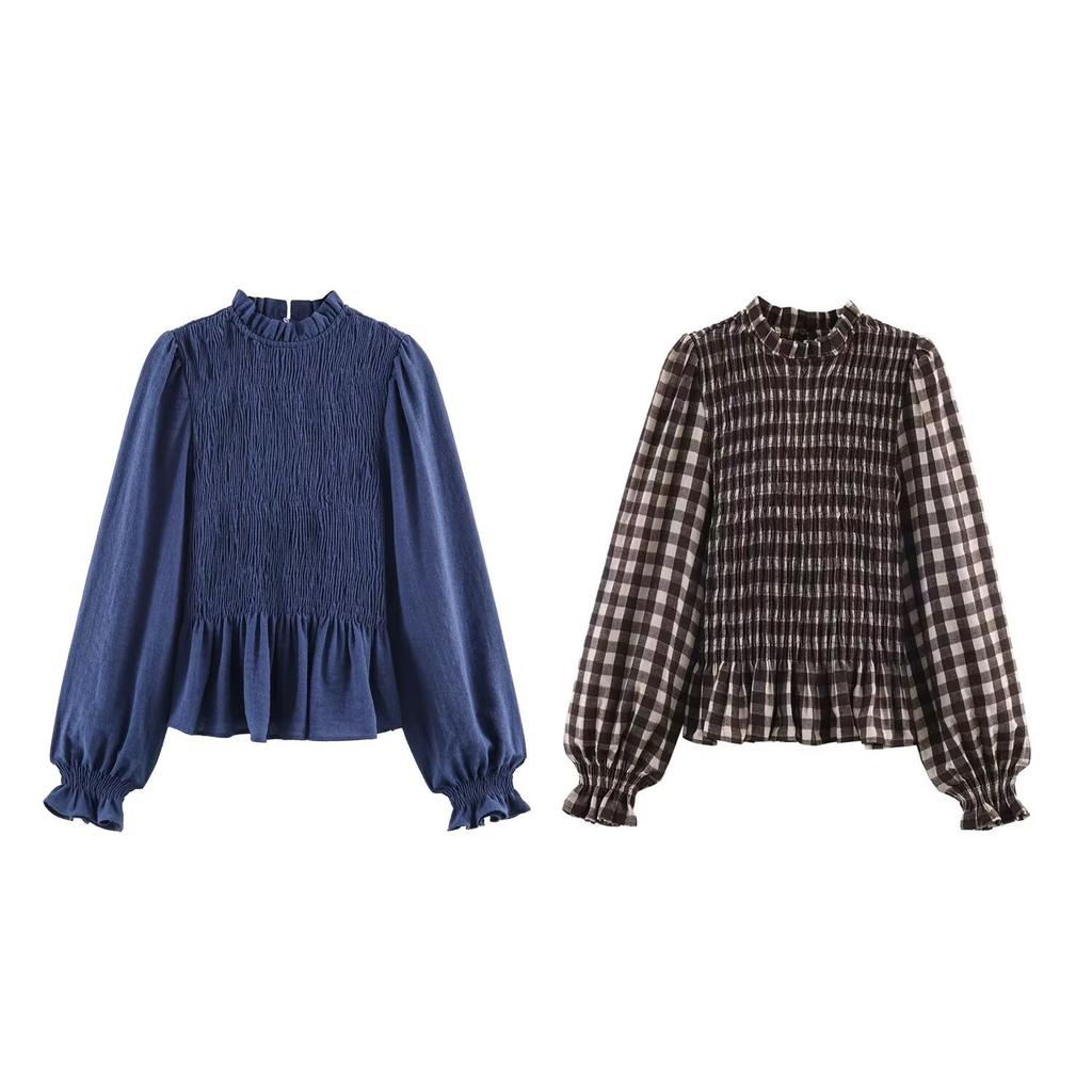 European and American Women's Clothing 1116 Spring New Product Stand-up Collar Plaid Versatile Bubble Sleeves Long-sleeved Shirt Top Women