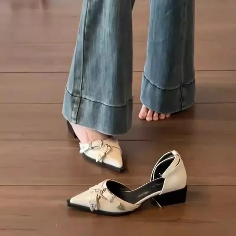 Women Flat Shoes Female Spring Fashion Slip-on Loafers Vintage Black Pointed Toe Punk French Elegant Single Shoes Low Heel Shoes