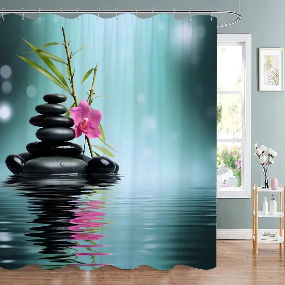Green Bamboo Zen Shower Curtain Zen Stone Flower Flowers Meditation Zen Polyester Fabric Bath Curtains Bathroom Decor With Hooks