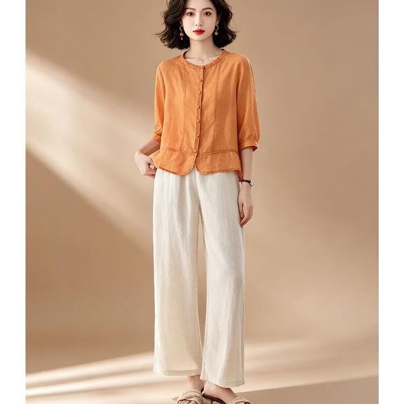 EST+II Women's Ramie Round Neck 3/4 Sleeve Cardigan & Wide-Leg Pants Set