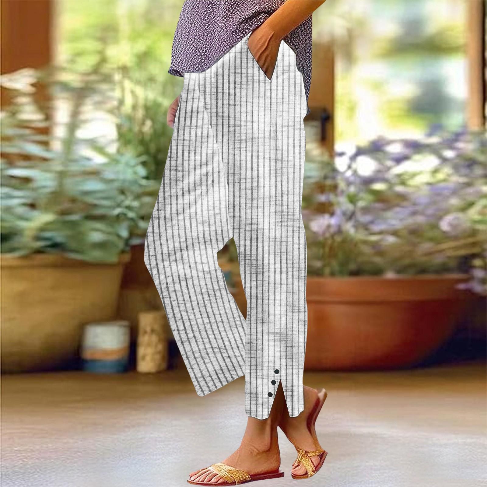 

Women s New Striped Fashion Loose Elastic Waist Comfortable Nine-point Straight Casual Pants L білий