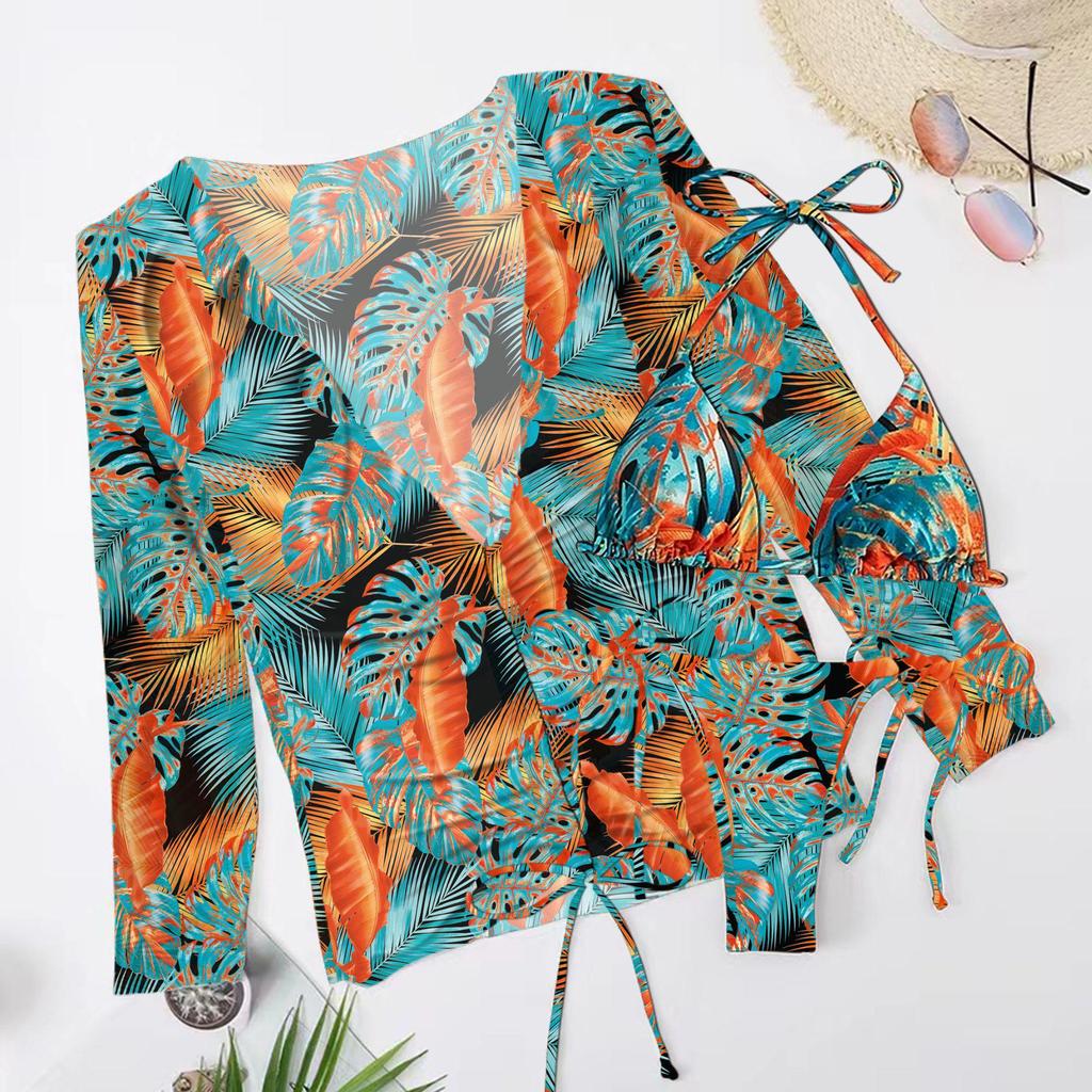 New Print Mesh Sun Protection Three-Piece Bikini Swimwear