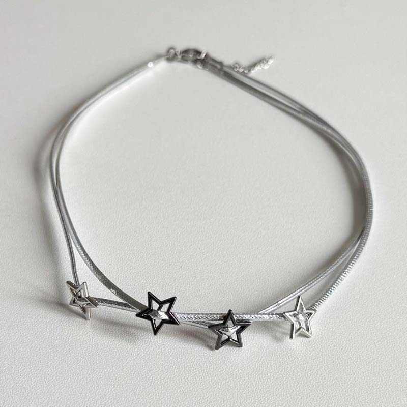 Y2K Hollow Star Double Layered Choker Necklaces for Women Punk Silver Color Leather Rope Necklaces Party Jewelry Accessories