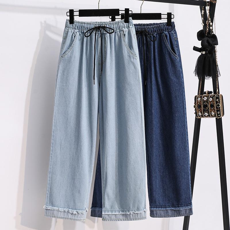 Plus Size Dame Sommer Jeans Afslappede Lange Wide Leg Bukser Høj Talje Elastiske Basis Blå Bukser Løse