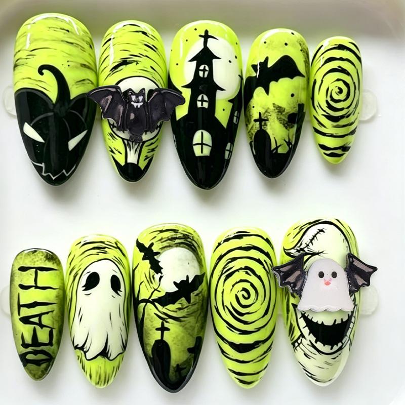 30pcs Halloween Press On Nails Gothic Skeleton Skull Spider Web Black Cat Haunted House Fake Nail Almond False Nail for Women