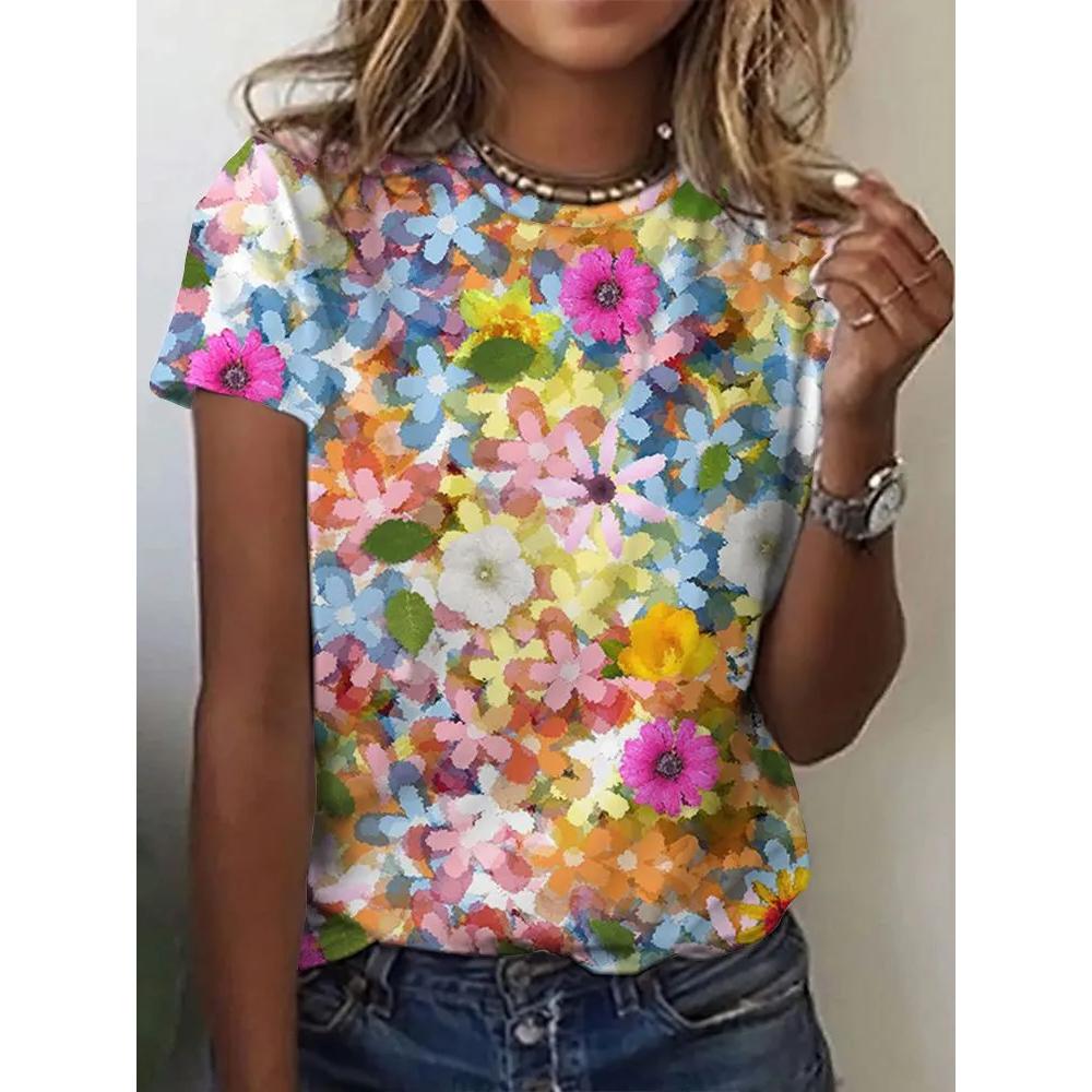 Simple Comfortable Women's Flower Printed Top T-shirt Fashionable Breathable Short Sleeve Casual T-Shirts Women’s