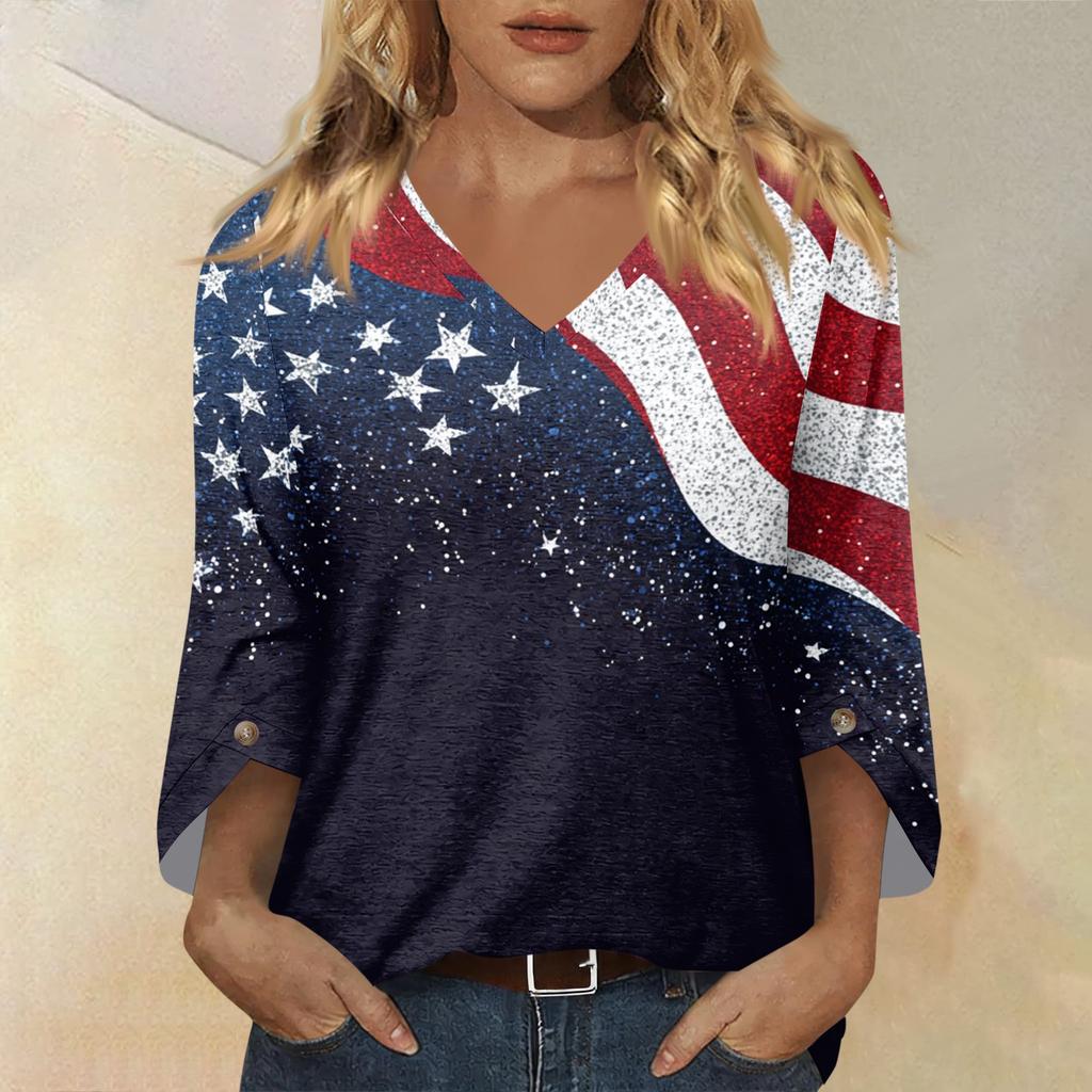 Womens Casual V Neck Three Quarter Sleeve T Shirt Top with Printed Pattern Relaxed Fit Comfortable Lightweight Design