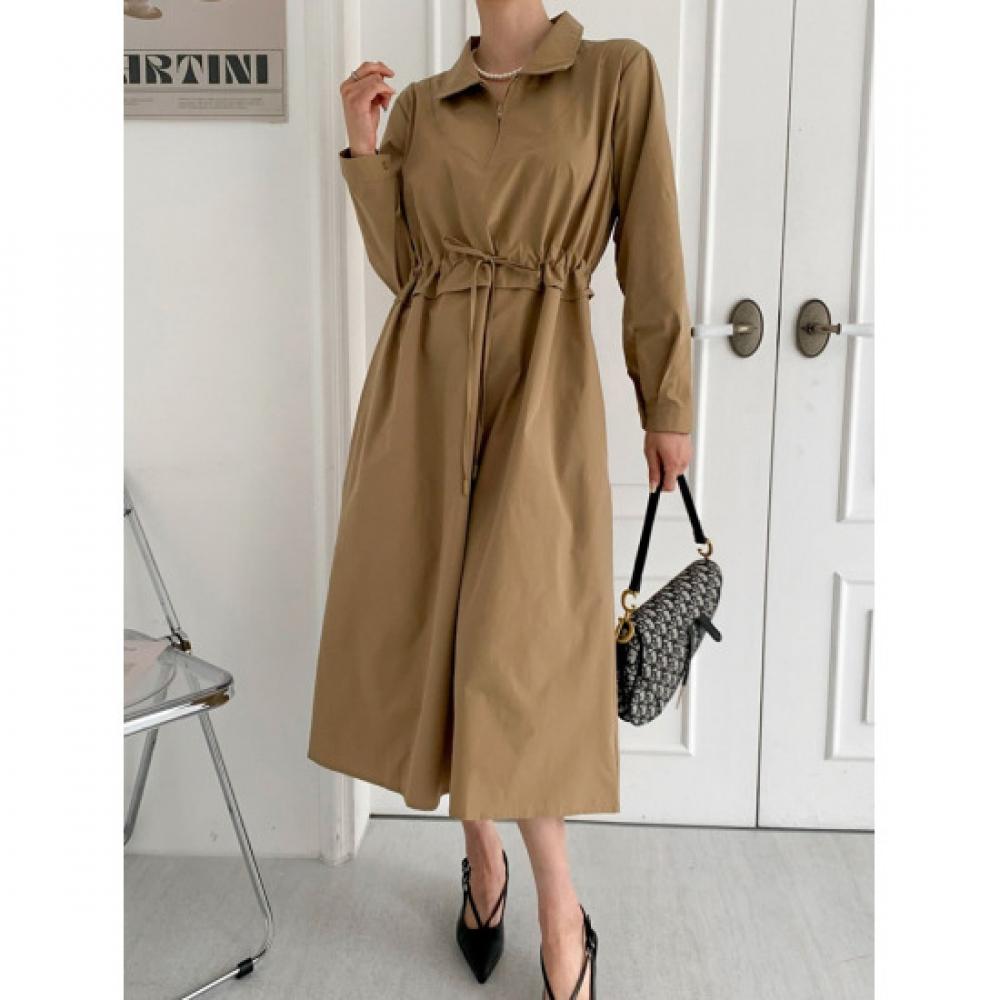 Shop Women Collar Neck Blazer Half Zipper Waist Adjustable Flare Long Dress Be