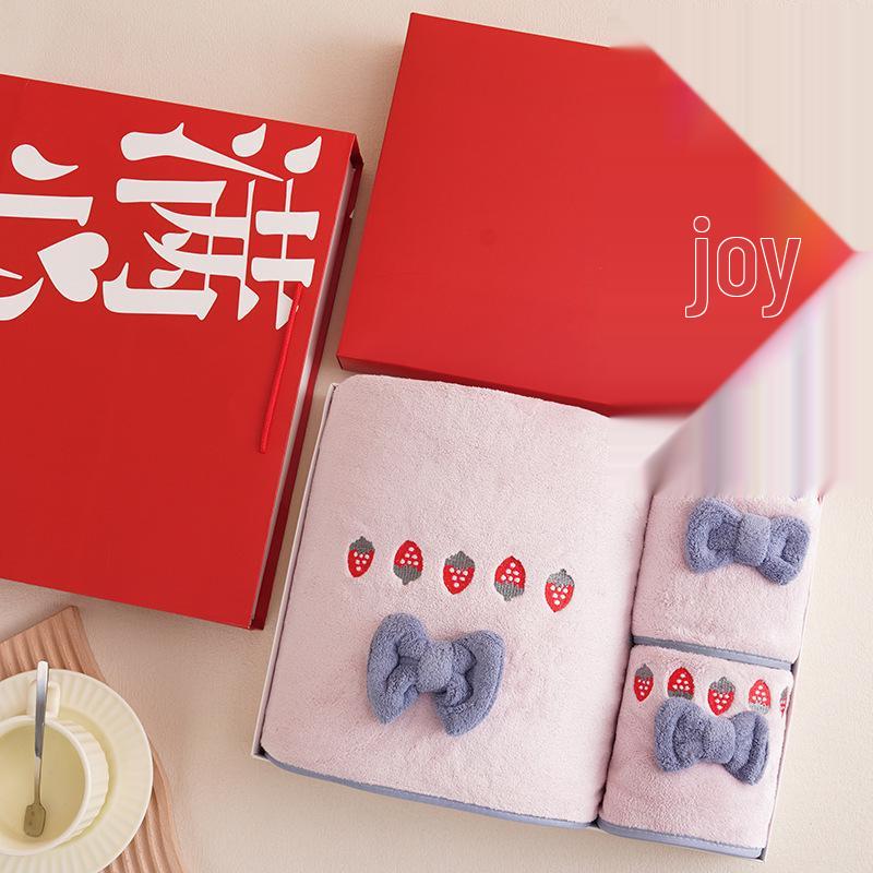 Strawberry Embroidered Bowknot Bath Towels - Coral Fleece Gift Set