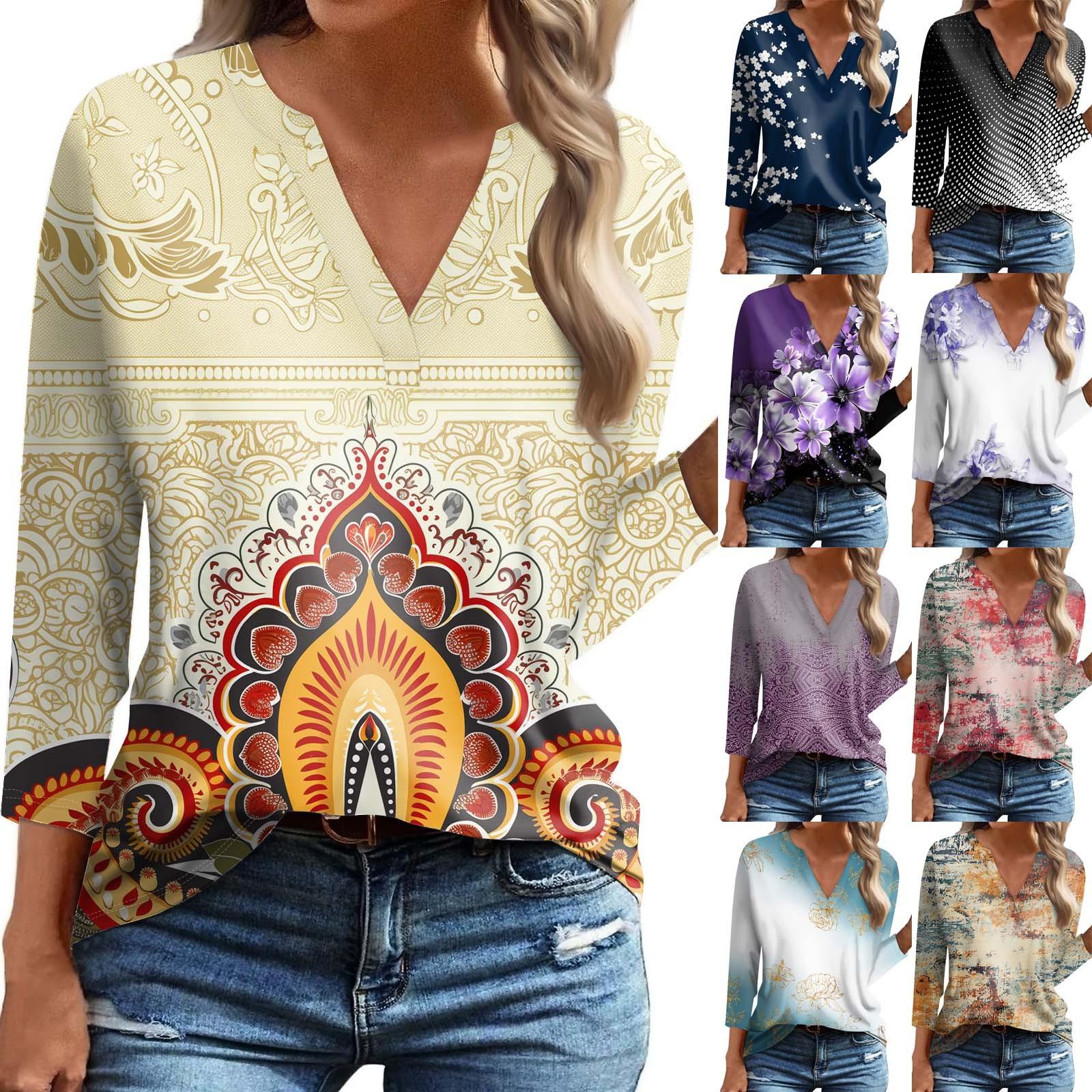

Женская модная и повседневная футболка с v-образным вырезом и рукавами 3/4 с цветочным принтом, базовый топ с V-образным вырезом, обычный топ