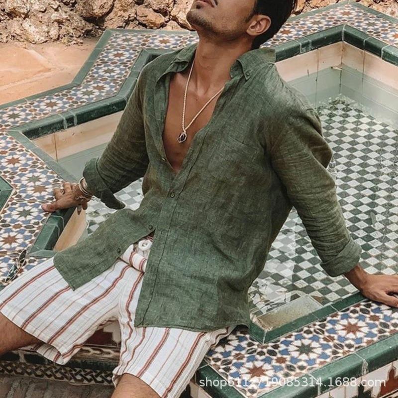 Mens Solid Color Loose Casual Long Sleeve Beach Shirt