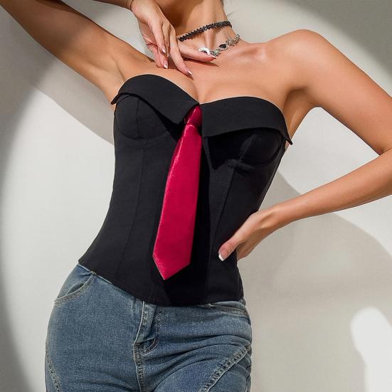 Sexy tílka bez ramene Umělá klopa Kravata Dekor Tílka bez rukávů Zavinovací design Slim Fit Trojrozměrně přizpůsobené dámské topy