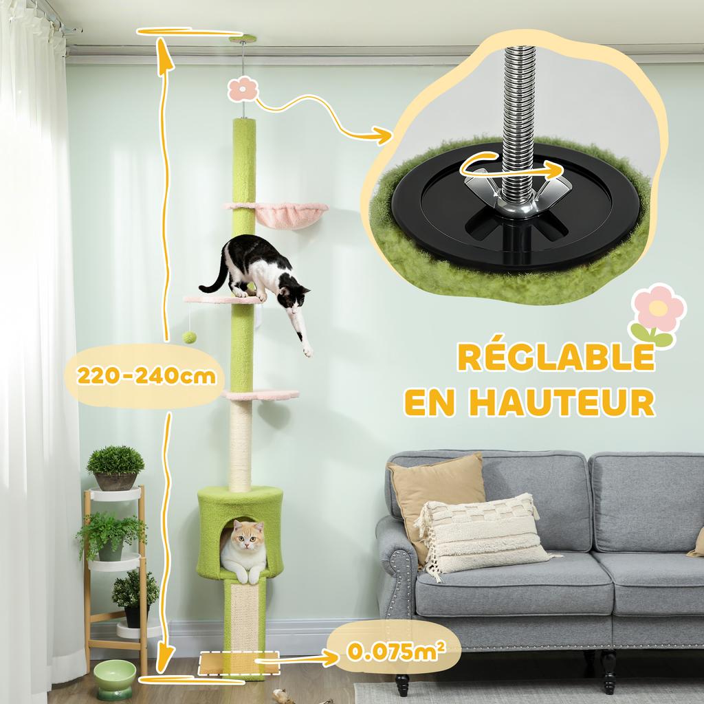 Floor-to-Ceiling Cat Tree, 5 Levels 220-240 Cm, Flower Platforms, Den, Hammock, Green