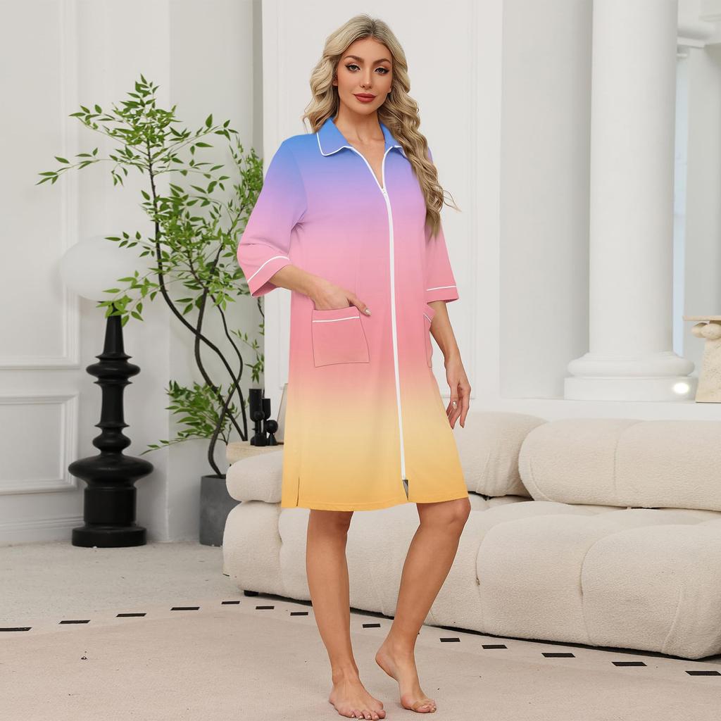Women's Zip Front Lightweight Robe with Pockets - 3/4 Sleeve Knee Length Bathrobe and Loungewear