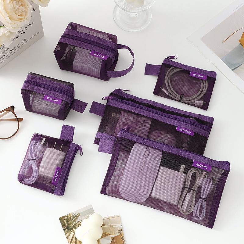 6Pcs/Set Transparent Mesh Storage Pouch Makeup Toiletry Bag Travel Organizer Cable Coin Key Earphone Charger Card Holder