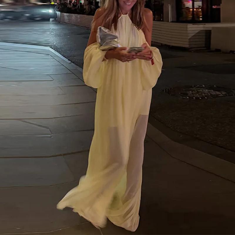 Spring new women's clothing, European and American dresses, slim-fitting elegant solid-color neck-hanging French dress