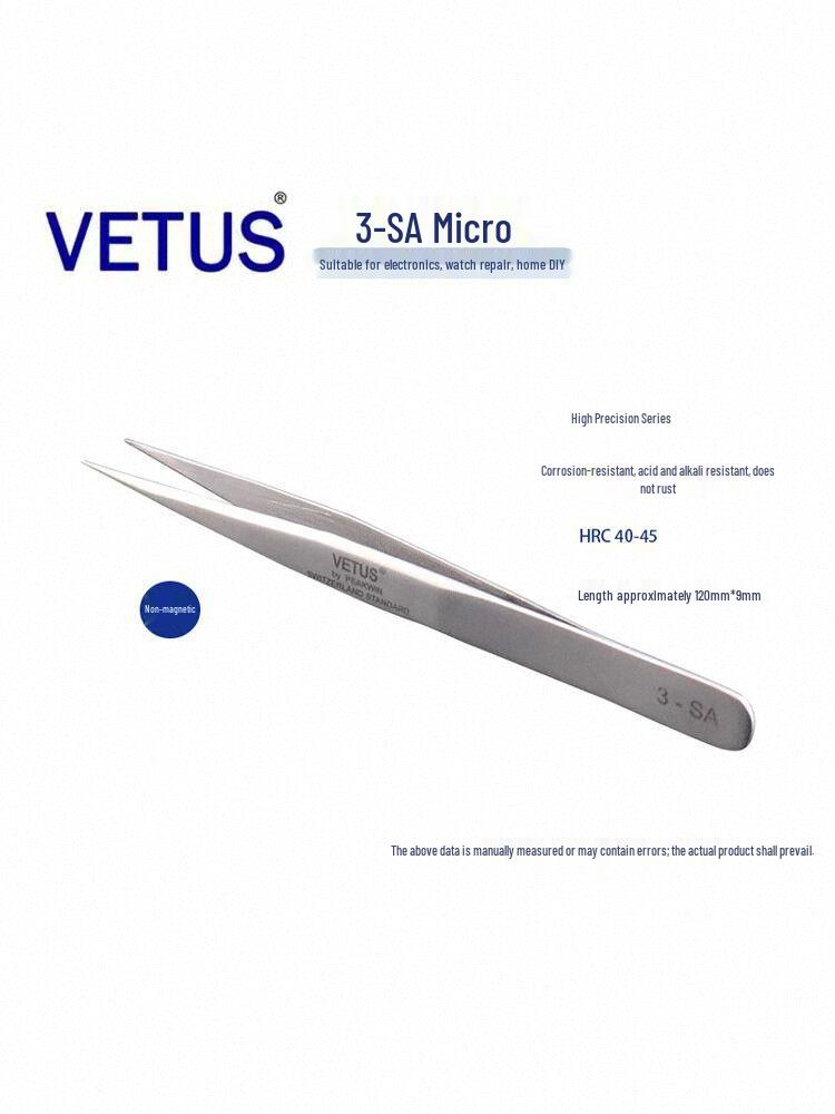 Genuine VETUS 3-SA Precision Anti-Magnetic Acid-Resistant Stainless Steel Tweezers for Watch and Mobile Phone Repair