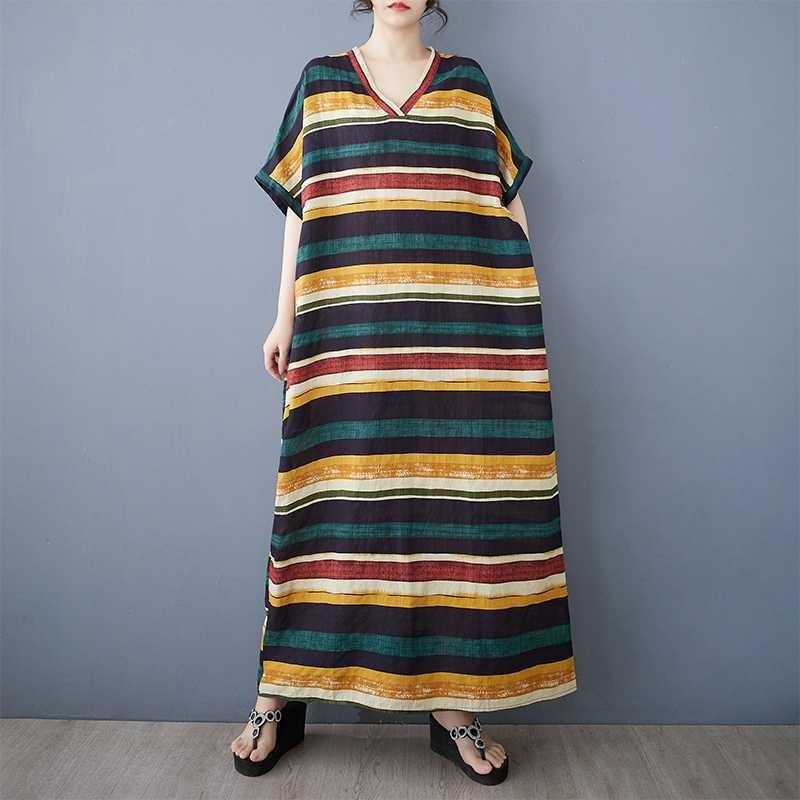 Real Summer New Cotton and Linen Printing V-neck Loose Large Size Simple Holiday Style Long Skirt Women's Beach Skirt Thin
