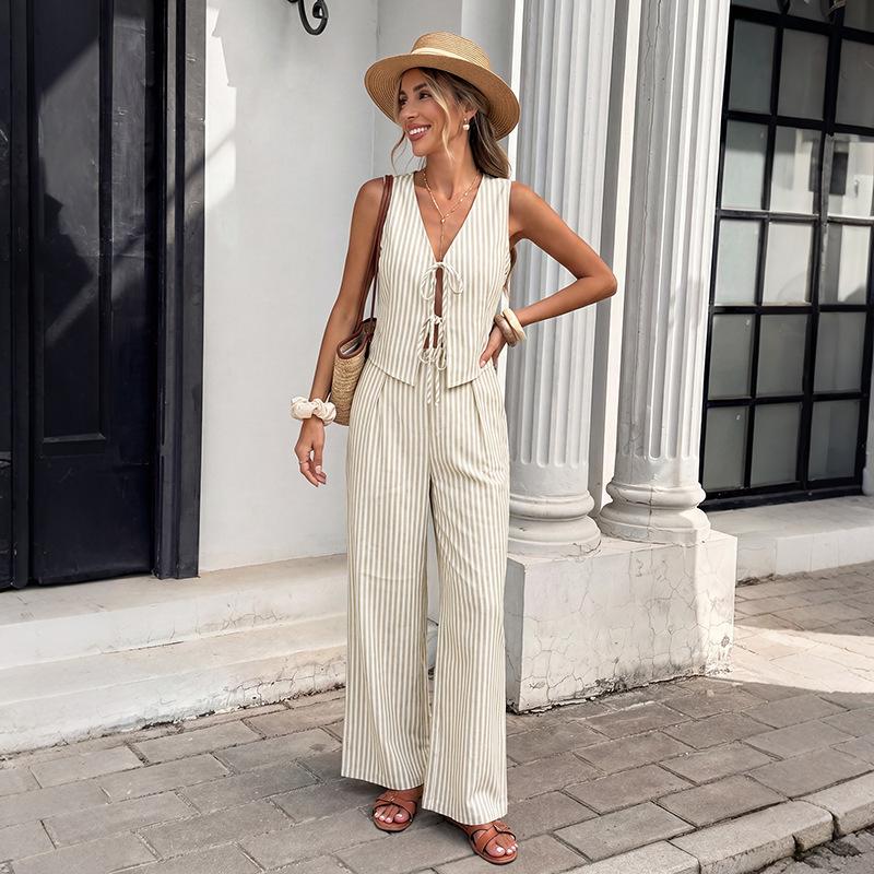 TIFICY Women s Fashion Casual Summer Spring Stripe Print Sleeveless V-Neck Trousers Pants Suits S хаки