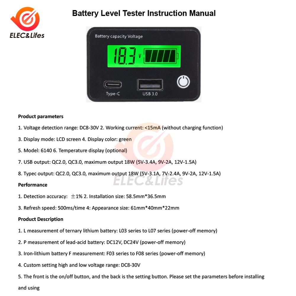 DC 8-11V USB1.1+Tpye-C Lead Acid Lithium Battery Capacity Indicator Car Motorcycle Digital Voltmeter Voltage Tester Meter Tool