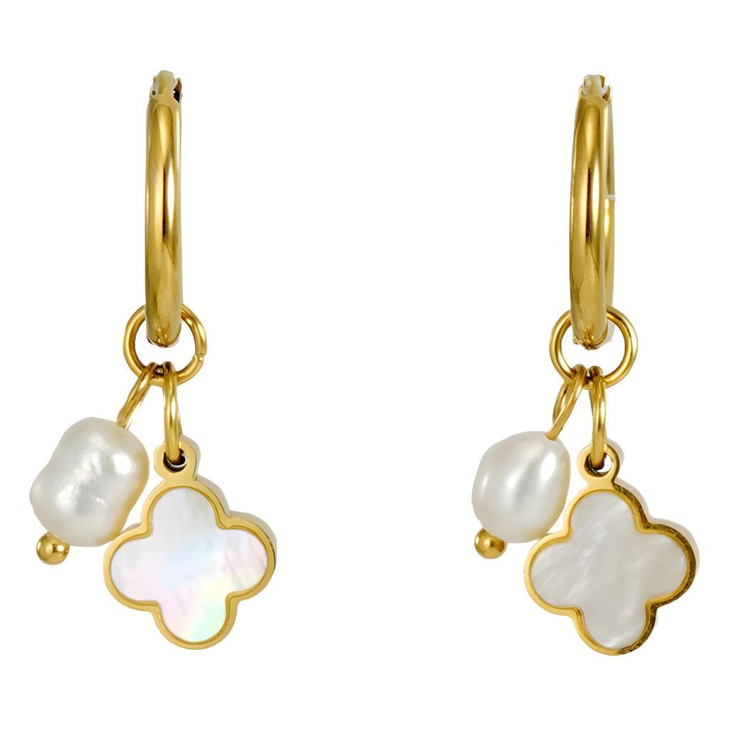 18K Gold-Plated Stainless Steel Clover Pearl Earrings - European & American Fashion for Women