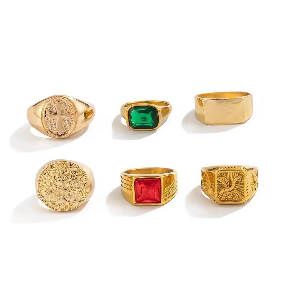 Ingemark 6Pcs/Set Retro Gold Color Signet Chunky Rings Men HipHop Punk Red Green Acrylic Rhinestone Finger Ring Party Jewelry