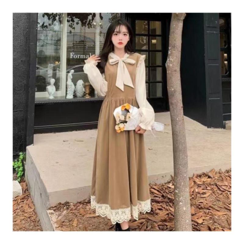 

Платье из бархата с высокой талией и французским бантом в стиле ретро 2024 года — коллекция весна и осень S хаки