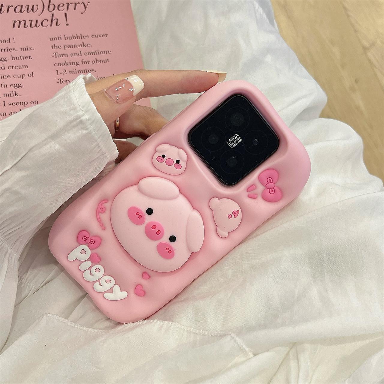 

3D Pink Pig Folding Stand Phone Holder Case For Redmi Note 13 13pro 14 14pro Xiaomi 13 14 15 Soft Silicone Cartoon Cover Xiaomi 14