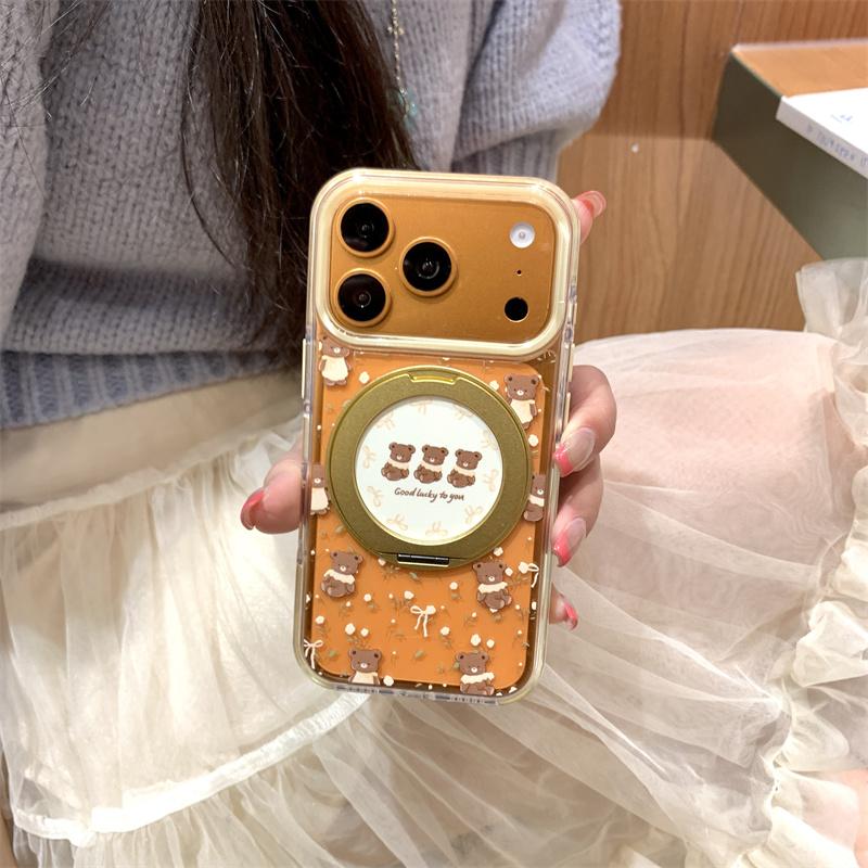 Cute Bears Floral Phone Case For iPhone 17 Pro 16 15 14 Pro Max with 360 Stand Air Cushion Edge Shockproof 17pro  Protective Cov